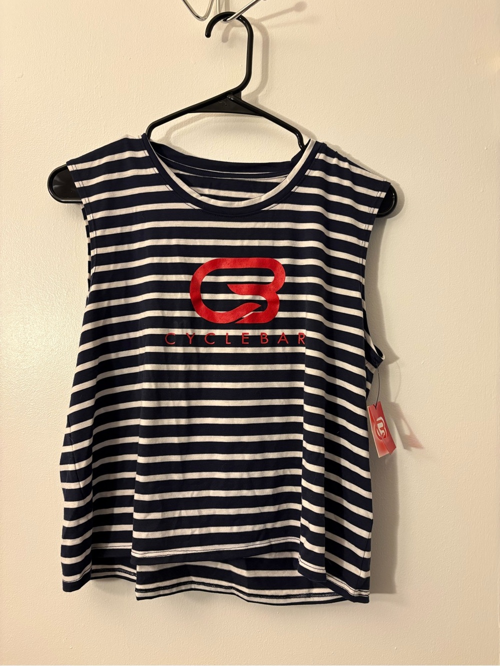 Cyclebar Navy & White Striped Sleeveless Tank with Red Accent